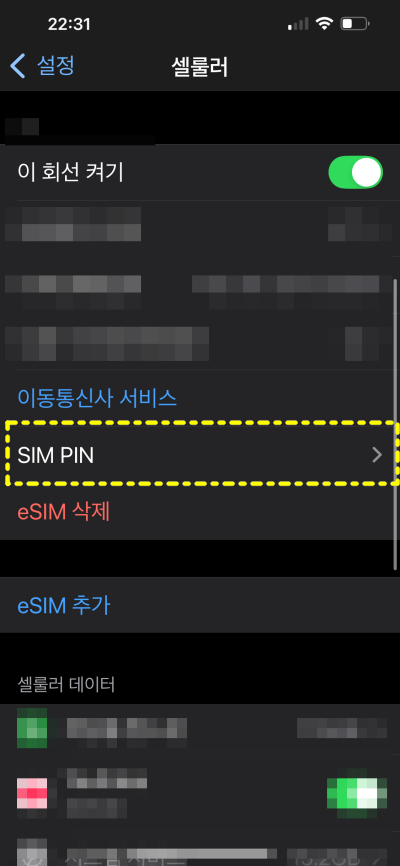 SIM PIN 설정 메뉴