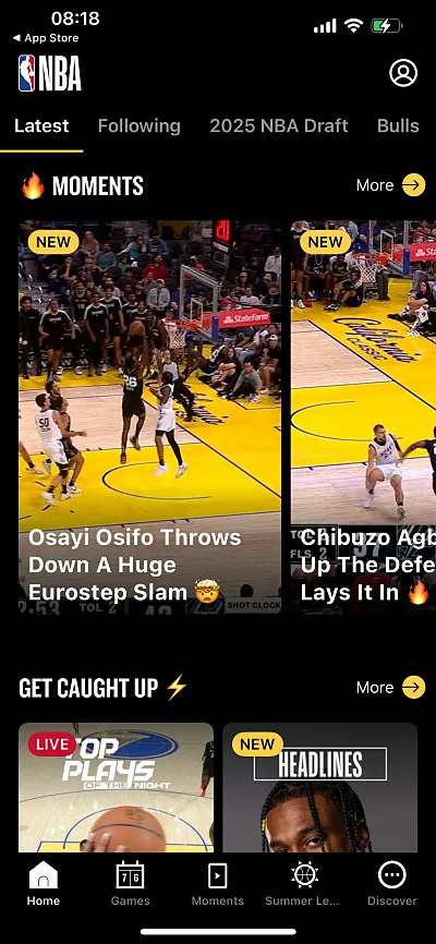 NBA 앱의 경기 하이트라이트 제공 예시