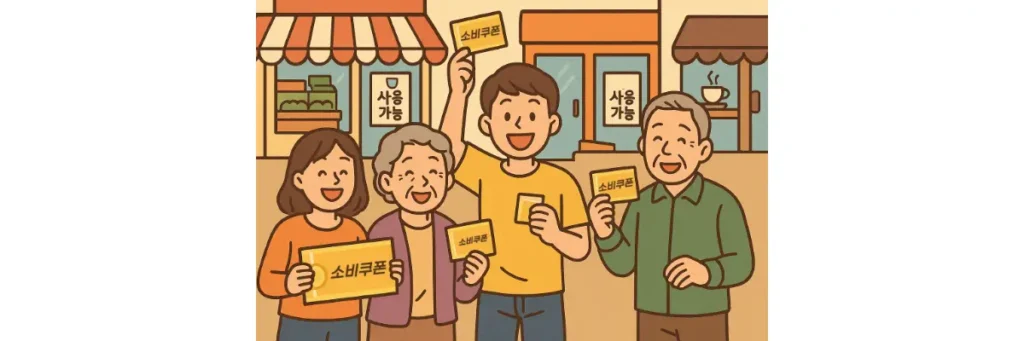 전국민 민생회복 지원금 소비쿠폰 사용처 앞에서 소비쿠폰을 들고 기뻐하는 모습