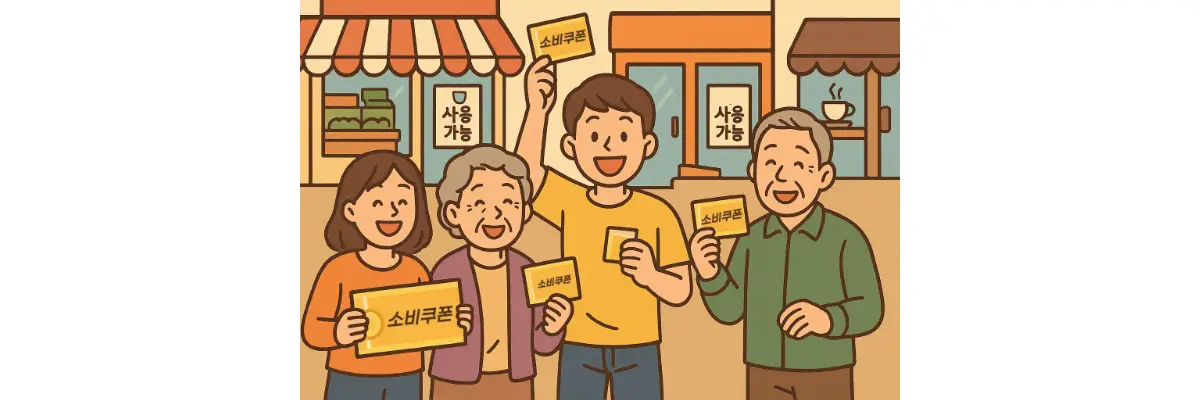 전국민 민생회복 지원금 소비쿠폰 사용처 앞에서 소비쿠폰을 들고 기뻐하는 모습