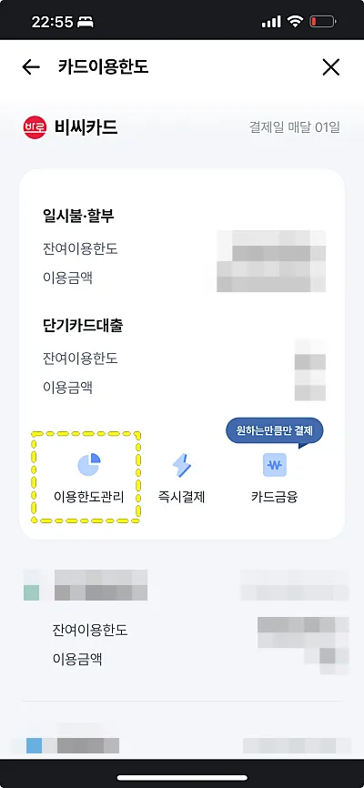 비씨카드 이용한도관리 메뉴