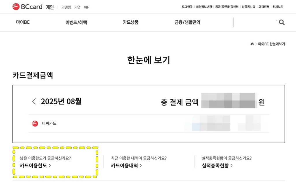 BC카드 홈페이지 한눈에 보기 화면