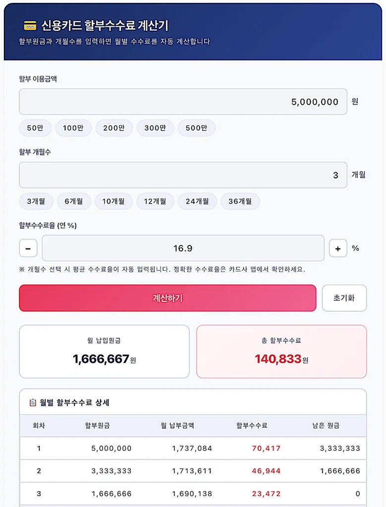 신용카드 할부수수료 계산기 (화면 캡처)