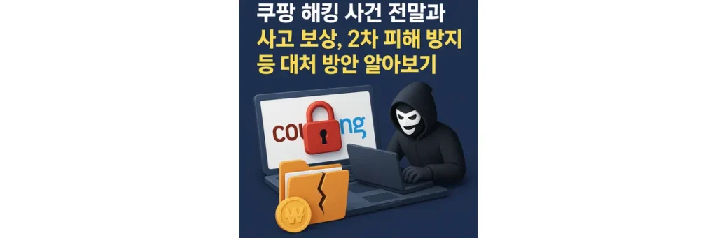 가면을 쓴 남자가 컴퓨터를 하는 모습과 쿠팡 로고