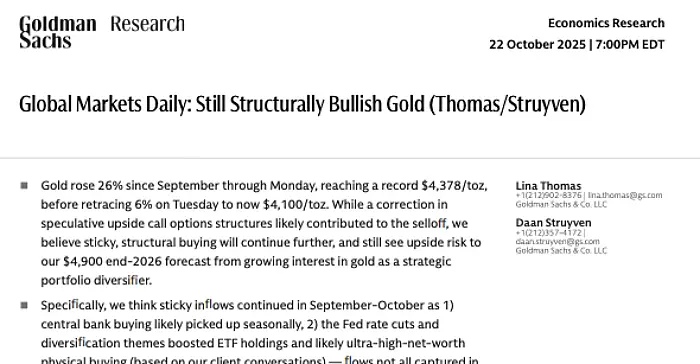 Still Structurally Bullish Gold Report by Goldman Sachs