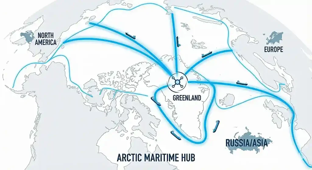 그린란드를 통해 유럽, 북미, 러시아, 아시아가 연결되는 모습