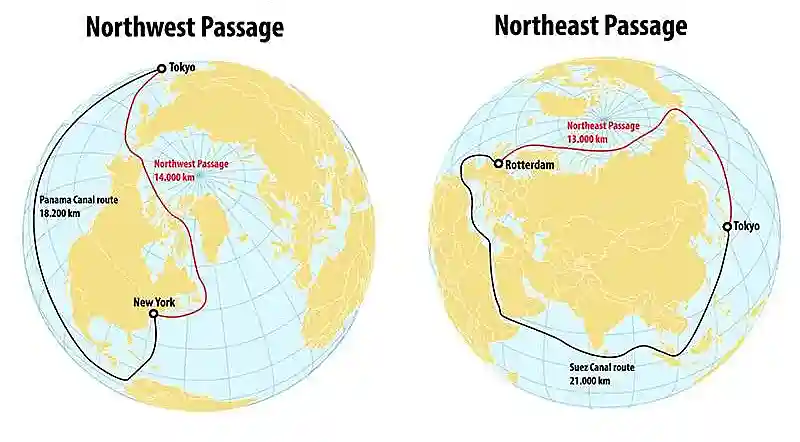 북서항로와 북동항로를 비교한 이미지