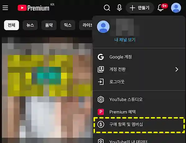 유튜브 구매 항목 및 멤버십 메뉴