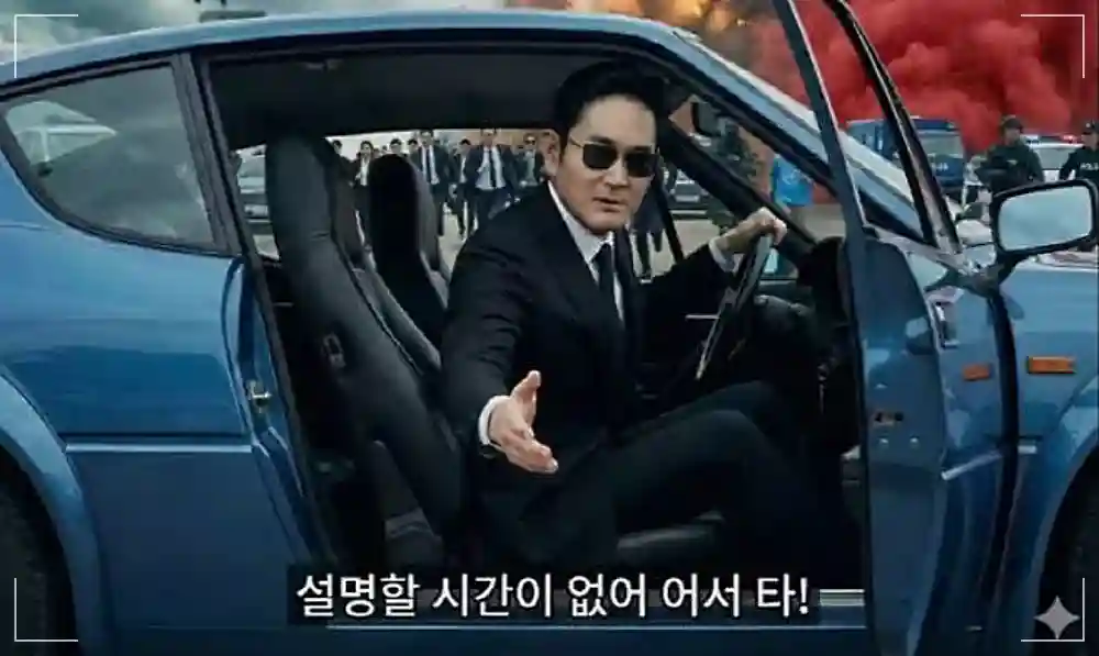 스포츠카에서 손을 내밀고 있는 이재용 회장 (AI생성)