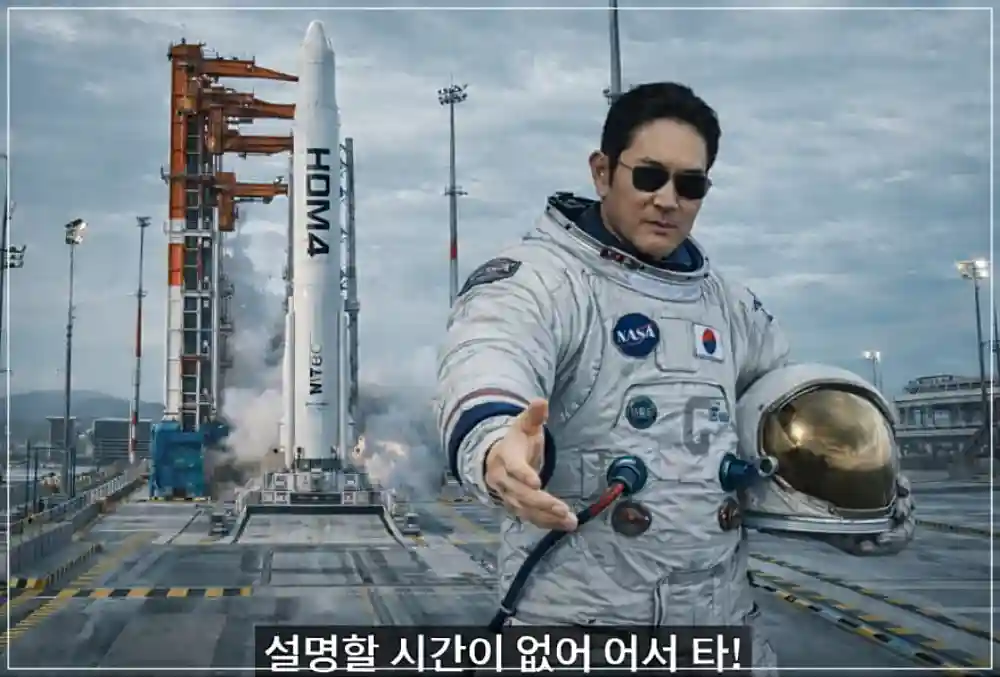 로켓 앞에서 이재용 회장이 손을 내밀고 있는 모습 (AI 생성)