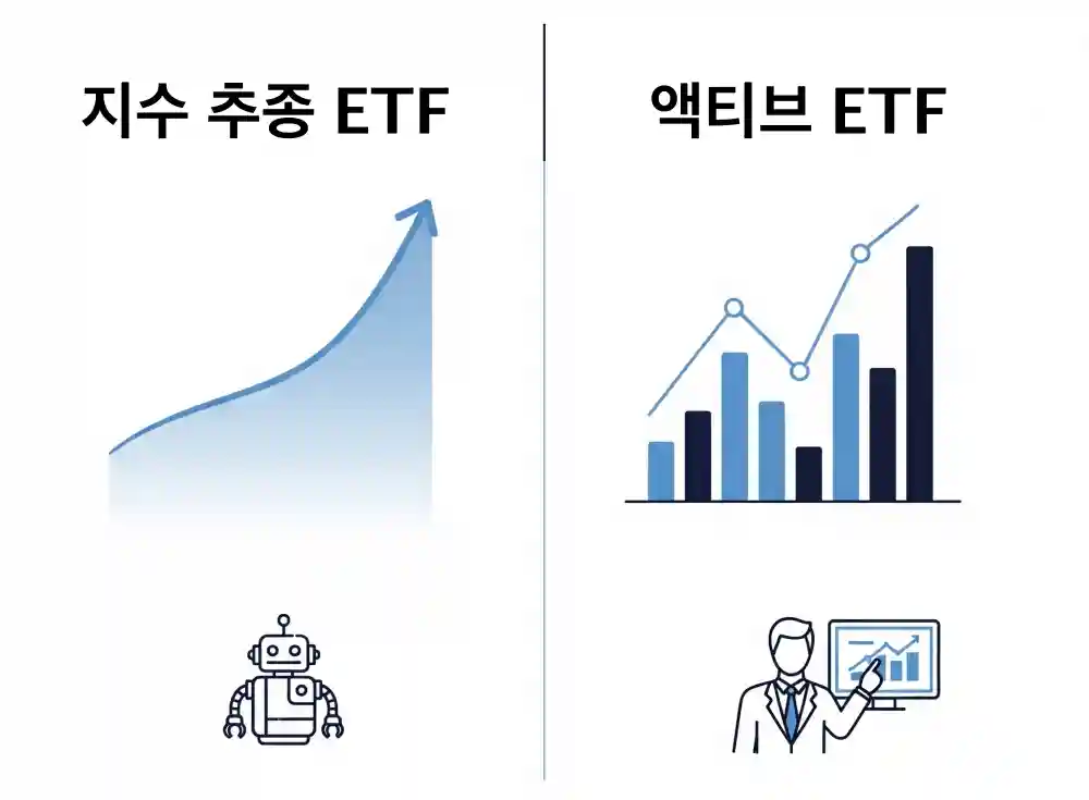 왼쪽 지수 추종 ETF, 오른쪽 액티브 ETF 운용 방식에 대한 차이를 성과로 비교