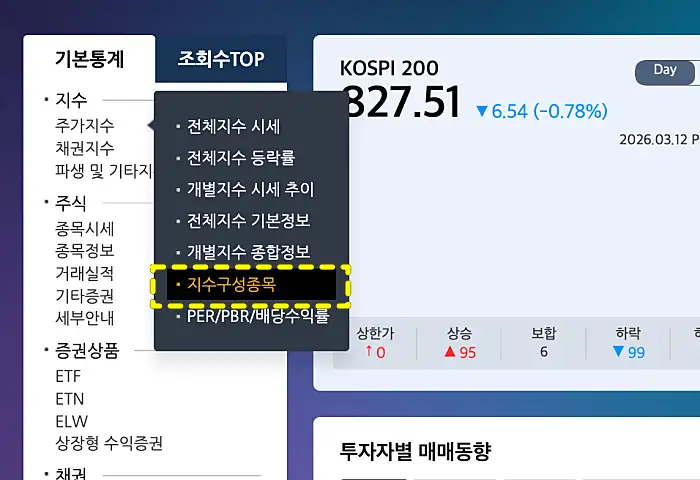 지수구성종목 메뉴 캡처