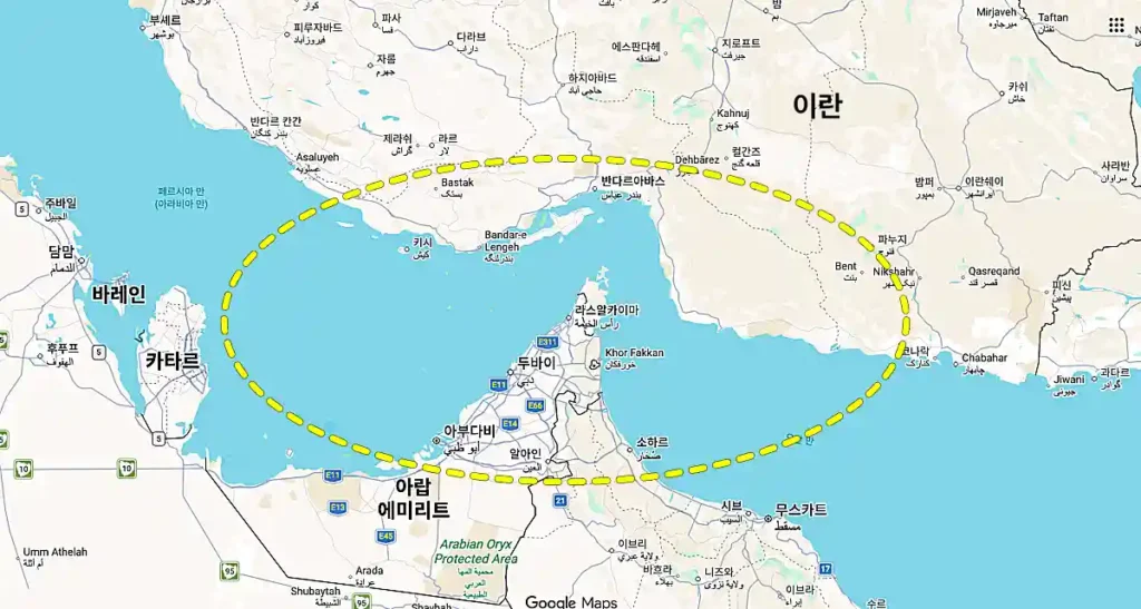 지도에 표시한 호르무즈 해협 위치