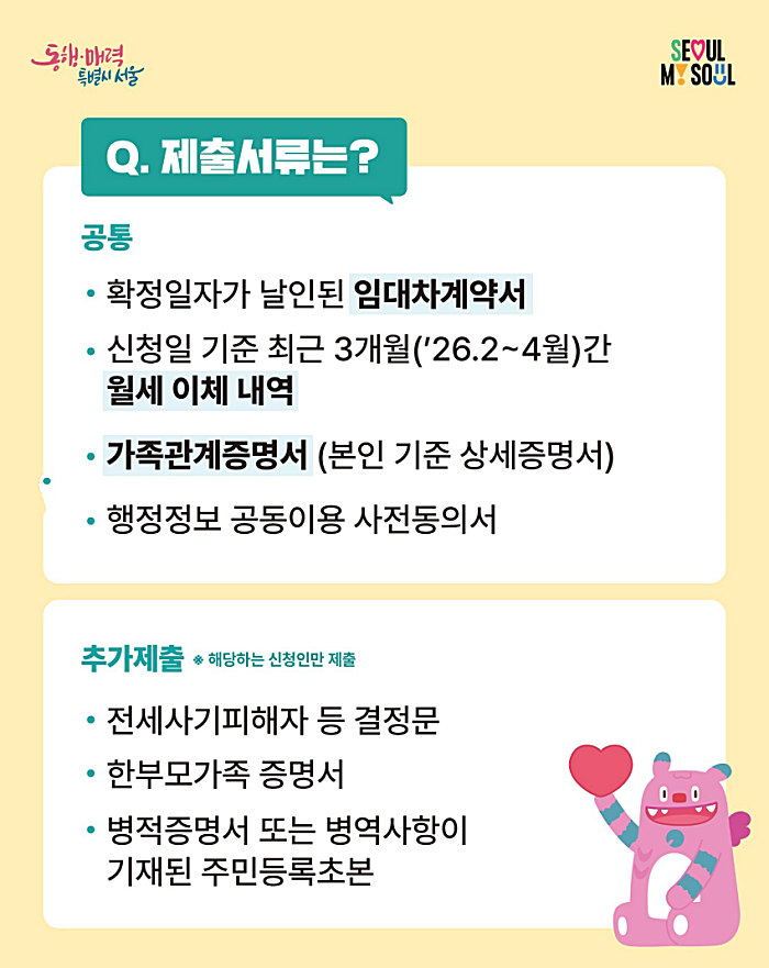 서울시 청년월세지원사업 제출서류 (출처: 서울시 홈페이지)